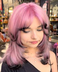 Pink Split Dyed Hair, Pink Hair With Black Tips, Gray And Pink Hair, Brown And Pink Split Hair Dye, Pink Color Block Hair, Pink Hair With Black, Hair With Black Tips, Light Pink And Black Split Dye, Pink And Black Split Dye Short Hair