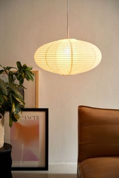 a lamp hanging from the ceiling over a chair next to a potted plant and framed photograph