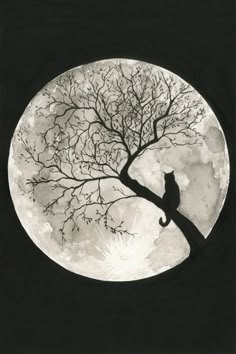 a black and white drawing of a cat sitting on a tree branch with the moon in the background