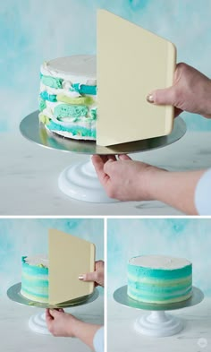 the cake is being cut into pieces by someone using a knife to slice it out