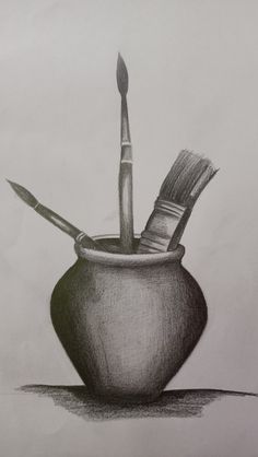 a pencil drawing of a pot with a brush in it