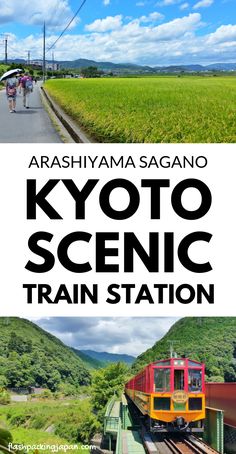 two photos with the words kyto scenic train station on them and people walking down the tracks