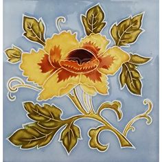 a yellow flower with green leaves on a blue tile wallpapered in an ornate pattern