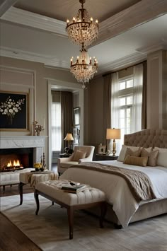 a bedroom with a bed, fireplace and chandelier