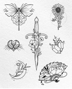 some tattoos that are drawn on paper and have flowers, butterflies, and other things in them