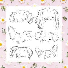 four dogs with their names drawn in black ink on a white paper surrounded by daisies