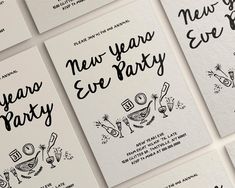 several new year's eve party cards with black ink