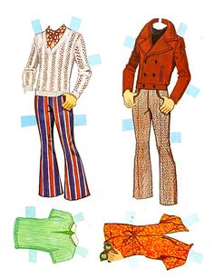 two men's pants and one woman's jacket are shown