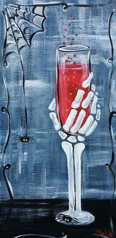 an acrylic painting of a hand holding a wine glass with red liquid in it