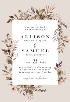 an elegant wedding card with watercolor leaves