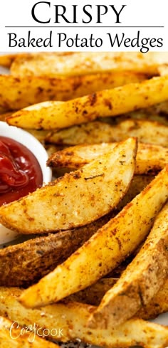 crispy baked potato wedges with ketchup on the side and in a bowl