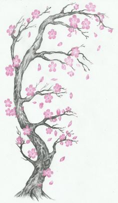 a drawing of a tree with pink flowers