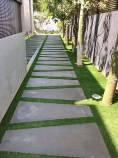 the walkway is lined with artificial grass between two buildings