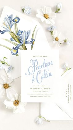 wedding stationery with blue and white flowers