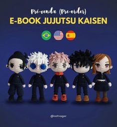 three dolls are posed in front of a blue background with the words e - book jutsu kaiseren