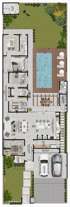 an aerial view of a house with swimming pool and outdoor furniture in the ground floor plan