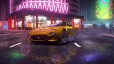 a yellow sports car is driving down the street in front of a neon lit building