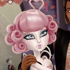 an animated image of a man and woman with pink hair, dressed in formal clothing