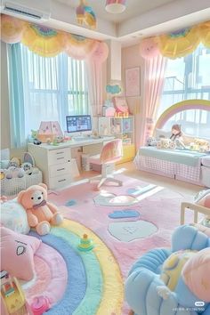 a child's bedroom decorated in pastel colors with teddy bears on the rug