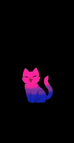 a black background with a pink and blue cat sitting on it's back legs