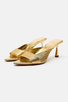 METALLIC SANDALS - Gold | ZARA United States Blazers Shoes, Metallic Sandals, Gold Shoes, Gold Heels, Dream Shoes, Skorts, Shoes Trainers, Swimwear Accessories, High Heel Sandals