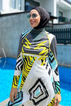 White Printed Beachwear Swim Dress, Swimming Activities, Hijab Fashion Inspiration, Swimsuit Set, Hijabi Fashion, Beachwear For Women, The Eye, Jamaica, Hijab Fashion