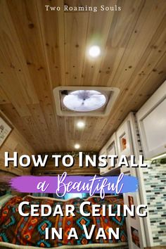 the inside of a small cabin with wood paneling and tile flooring on the ceiling