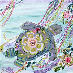 a painting of a turtle swimming in the water with flowers and leaves on it's back