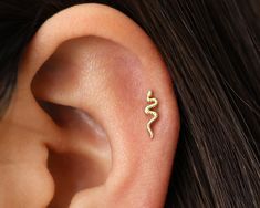 a woman's ear with a small gold snake on it