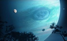 an artist's rendering of two planets in front of a blue sky with trees