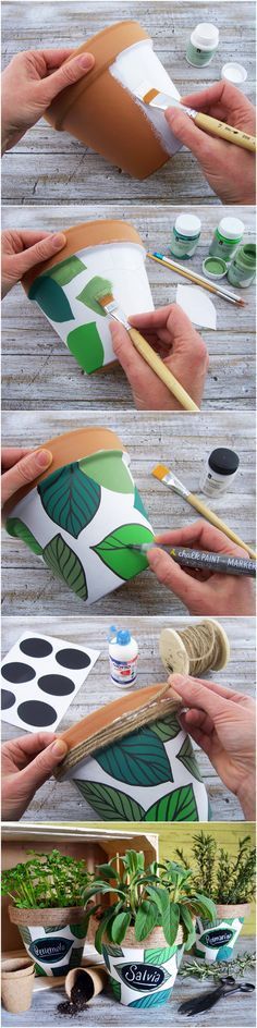 the process of painting leaves on wood with paintbrushes