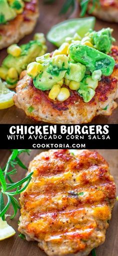 chicken burgers with avocado and corn on top are shown in this collage