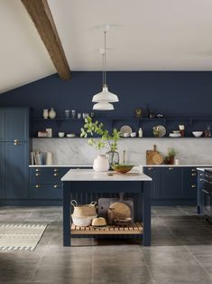 a kitchen with blue cabinets and an island in the middle is decorated with potted plants