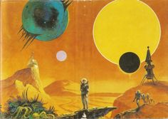 two people standing on top of a mountain next to an orange and yellow sky with planets