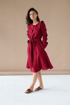 Red Linen Long Sleeve Dress With Front Buttons Christmas - Etsy Linen Maternity Dress, Dress With Front Buttons, Linen Maternity, Red Linen Dress, Smart Casual Wardrobe, Buttoned Dress, Dress Fairy, Linen Fashion, Dress Linen