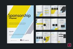 the brochure is designed to look like an open book with yellow and blue accents