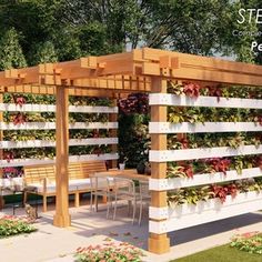 a wooden pergola sitting on top of a lush green field next to flowers