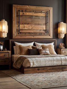 a large bed sitting in a bedroom next to a wooden frame above it's headboard