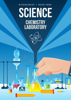 the science laboratory poster with hand pointing at flasks