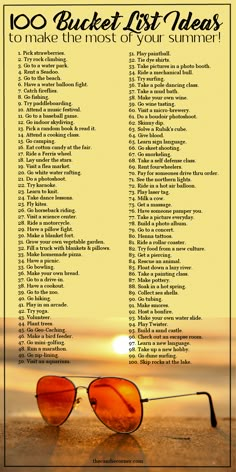 a poster with sunglasses and the words, 100 bucket list ideas to share the most of your summer