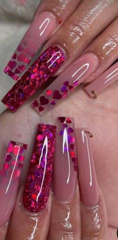 Valentines Day Nails Gel X Coffin, Valentine Long Nails Designs, Valentines Nails Heart Glitter, Red Nail Valentines Day, Valentines Day Nails With Glitter, Red Acrylic Nails Short Coffin, Valentine’s Day Encapsulated Nails, Valentines Nails Encapsulated, Valentin’s Nails