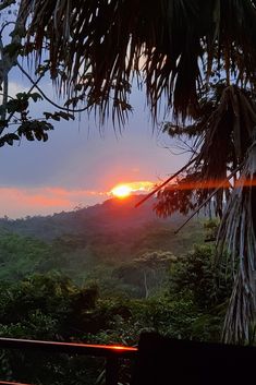 the sun is setting over some trees and hills in the distance, as seen from a deck