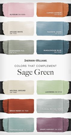 the colors that complement sage green are shown in this advertisement for sheryln - williams's paint