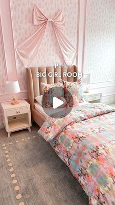 a bed room with a neatly made bed and pink walls