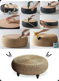 how to make a round ottoman out of an old tire and some rope with paint