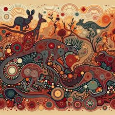 an artistic painting with kangaroos and trees in the background