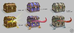 some strange looking chests with different designs on them