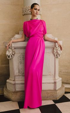 Asymmetrical Draped Silk Gown By Monique Lhuillier | Moda Operandi Bali Wedding Dress, Wedding Dress Guest, Black Tie Attire, Oscar Dresses, Pink Gowns, Couture Designers, Silk Gown, Gowns Of Elegance, Gala Dresses