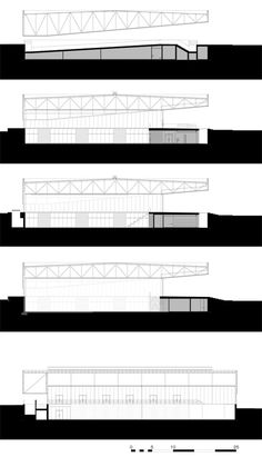 four black and white architectural drawings of the building's roof, side by side