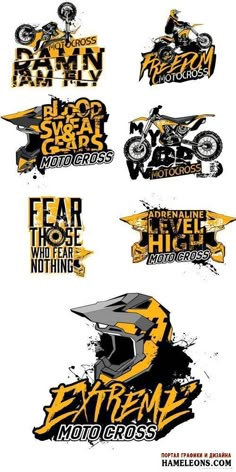 a number of different logos on a white background with black and yellow colors, including an image of a motorcycle helmet